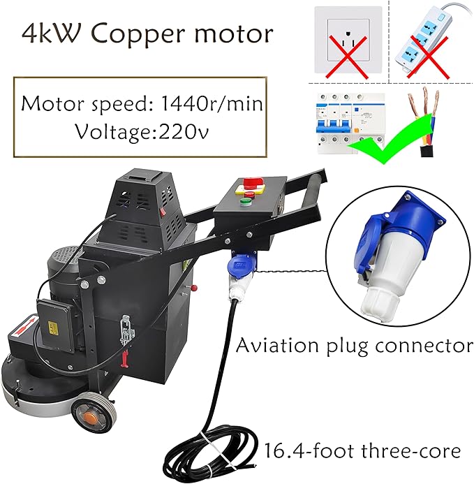 TECHTONGDA Concrete Floor Grinder Polisher 5 Head Grinding Base 14.9in Grinding Width with Built-in Dust Collection Fan for Construction Sites Industrial Workshops Garage 220v/4kW