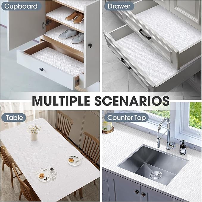 Drawer and Shelf Liner, Non-Slip Kitchen Cabinet Liners Non-Adhesive Thick Strong Grip Waterproof Washable Mats Protect Dresser Shelves Cupboard Bathroom Cabinets, White, 12 in X 10 FT