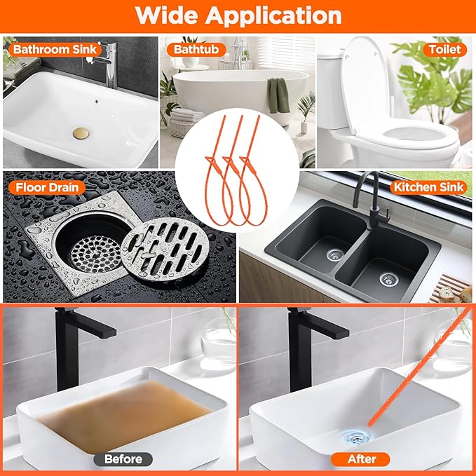 Forlivese 25 Inch Drain Snake,Drain Clog Remover,Sink Snake for Sewer Kitchen Sink Bathroom Tub Toilet Clogged Drains Relief Cleaning Tool 8 Pack