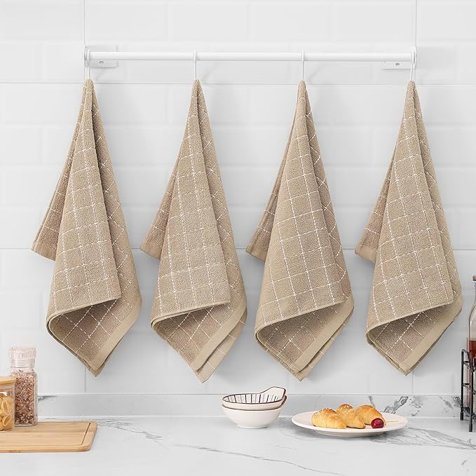 Mordimy 100% Cotton Terry Cloth Kitchen Towels, Super Soft and Absorbent Dish Towels for Drying, Checkered Designed Hand Towels for Kitchen, 16 x 26 Inches, 6 Pack, Tan
