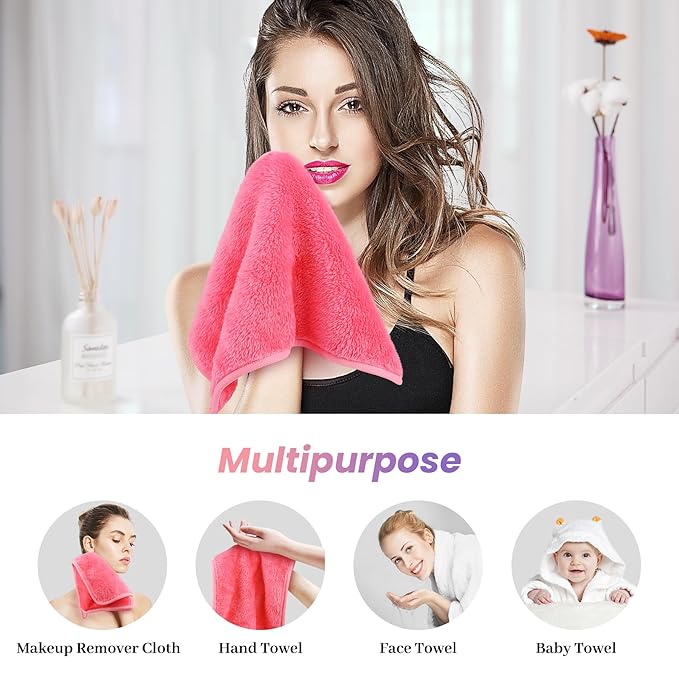 Reusable Makeup Remover Cloths 8 Pack, Ultra Soft Microfiber Facial Cleansing Cloths, Washable Makeup Remover Towels for All Skin Types,13x7 inch,Pink