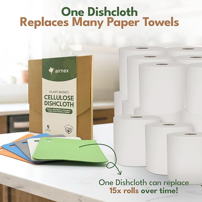 5 Pack Cellulose Swedish Dishcloths for Kitchen - Eco-Concious Reusable Dish Towels & Cloths - Super Absorbent, Odor Resistant and Fast Drying Wash Cloths for Dishes & Surfaces