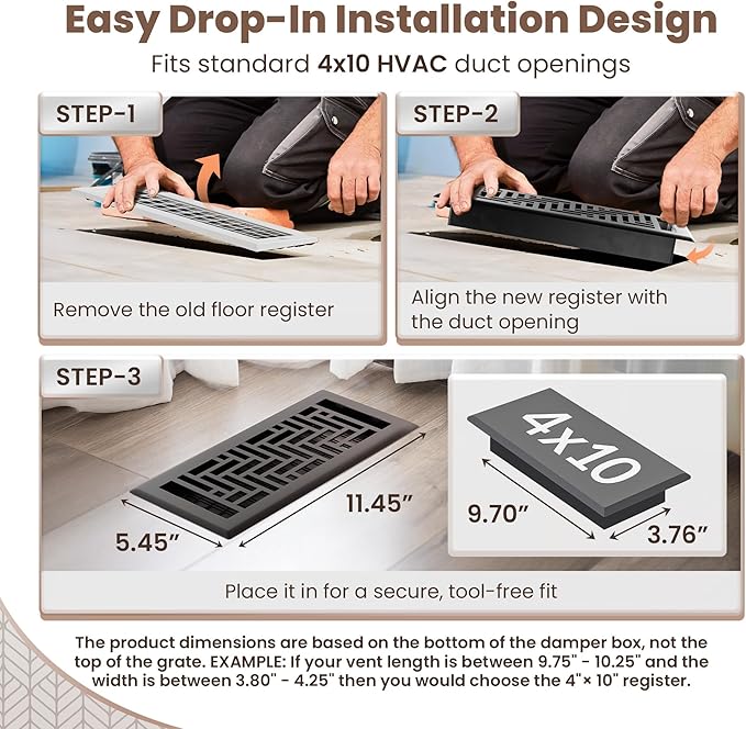 Floor Register 4x10 Vent Cover – Heavy-Duty Steel, Rustproof & Walkable Grates, Easy Drop-in Install, Adjustable Air Supply Switch - Decorative Herringbone Design, Textured Black