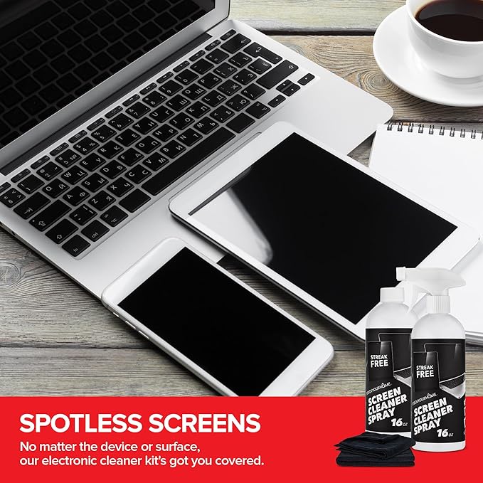 16oz Screen Cleaning Kit with Spray and Micro-Fibre Cloth Wipe (2 Pack) for Car Screens, Computer Screens, Laptops, iPads & Phones; Touchscreen Electronics Cleaner to Erase Dust or Fingerprints