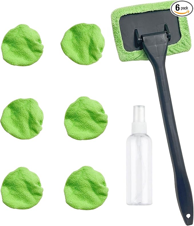 6PCS Windshield Cleaning Tool Car Window Cleaner with 5 Reusable and Washable Microfiber Pads and Extendable Handle Auto Inside Glass Wiper Kit Green (Light Green)