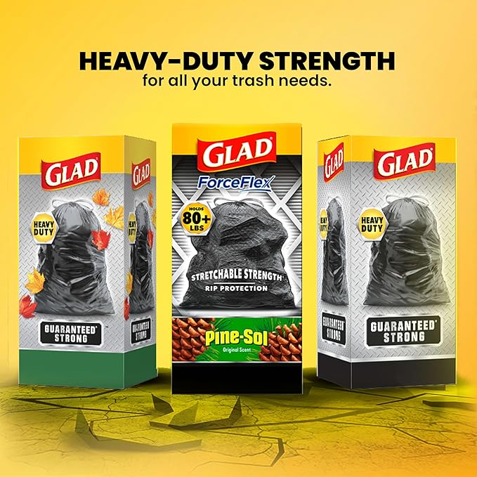 Glad Large 30 Gallon Trash Bags, Pine-Sol Heavy Duty Garbage Bags, Forceflex with Drawstring, 50 Count (Packaging May Vary)
