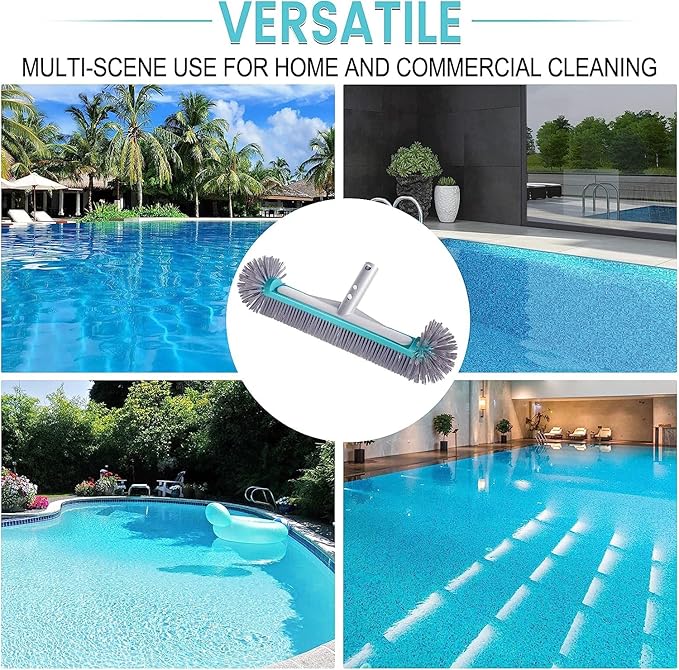 Swimming Pool Brush Head with Round Ends,17.5" Heavy Duty Aluminum Back Head for Cleans Walls, Tiles & Floors, 7 Rows Premium Nylon Bristles with EZ Clips (Blue Grey)