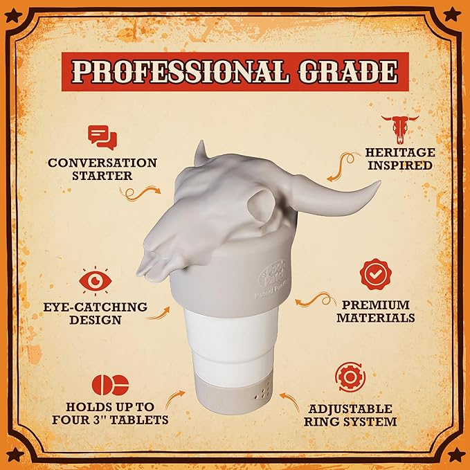 Cow Skull Floating Pool Chlorine Dispenser - Large Capacity Floater for 3'' Tabs, Adjustable Flow, Unique Added Buoyancy, Weather Durable PP & ABS