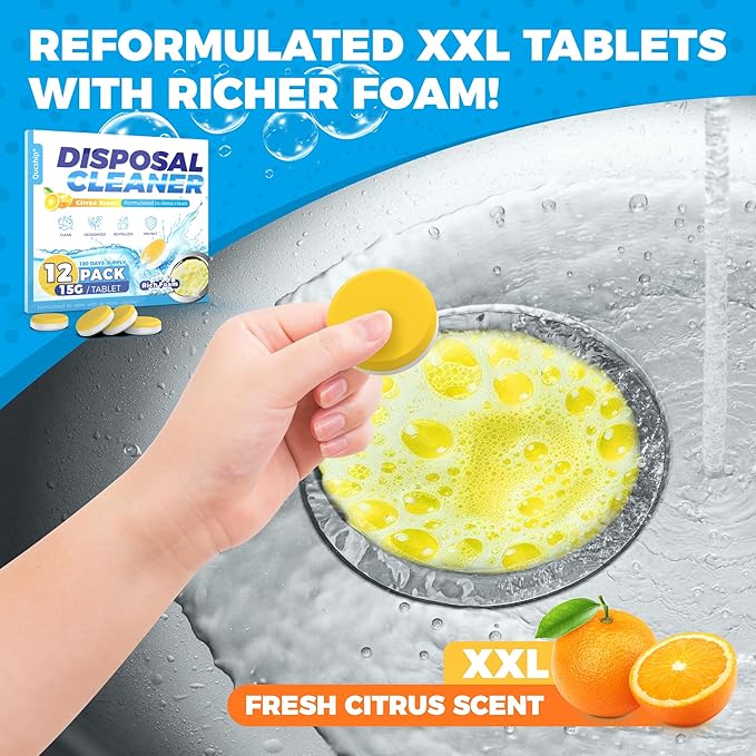 Qucship Garbage Disposal Cleaner Tablets - 12 Pack, XXL Foaming Disposal Cleaner - Powerful Deep Cleaning & Grease Remover, Septic Safe Kitchen Sink Drain Care for Maintenance