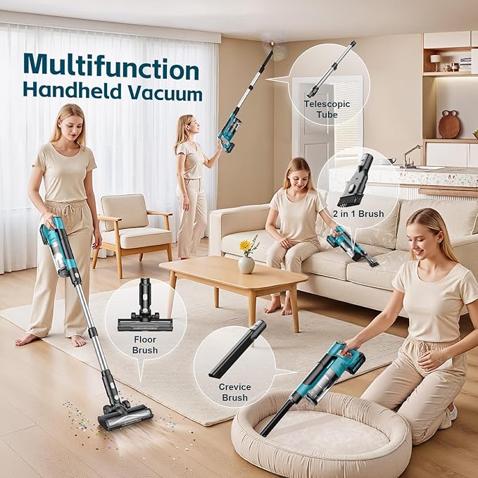 Cordless Vacuum Cleaner with 2 * 4000mAh Batteries, 700W 60Kpa Stick Vacuum, 6 in 1 Cordless Stick Vacuum Clearner, Brushless Motor with Led Display for Hard Floors Carpet Pet Hair (Blue)