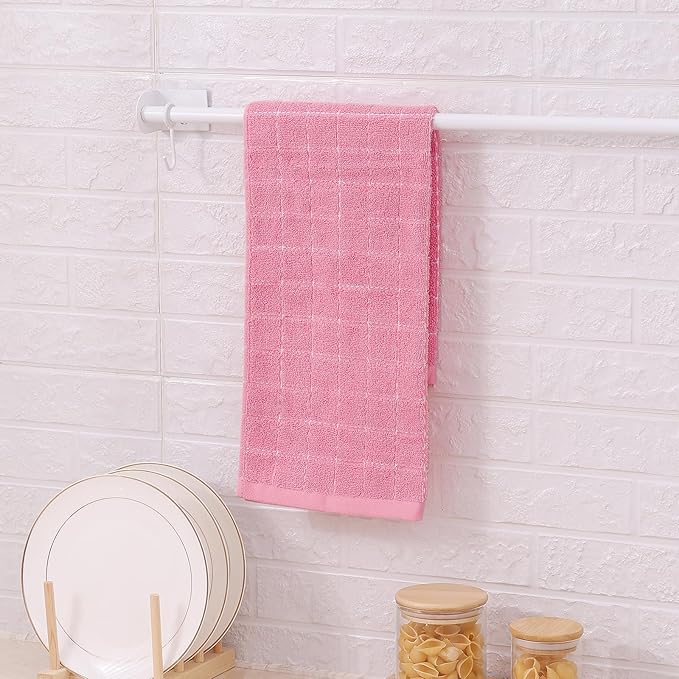 Mordimy 100% Cotton Terry Cloth Kitchen Towels, Super Soft and Absorbent Dish Towels for Drying, Checkered Designed Hand Towels for Kitchen, 16 x 26 Inches, 6 Pack, Pink