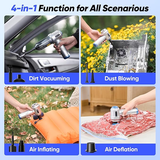 Cordless Car Vacuum, 4 in 1 Mini Vacuum Cleaner High Power 17500PA Suction Handheld Vacuum, Portable Air Dusters,Battery 3 Level Adjustment Small Car Cleaner for Cars Home Office (Silver)
