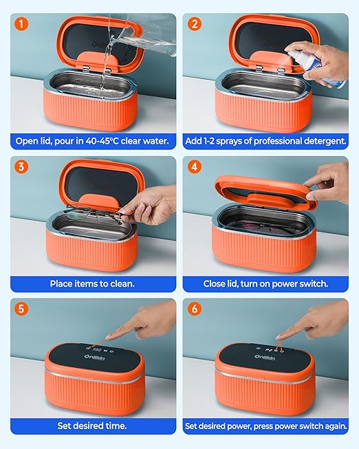 35W Ultrasonic Jewelry Cleaner, 45KHz Retainer Cleaner for Jewelry, 5 Timer & 3 Power Modes, Eyeglasses, Rings, Watch Strap, Dentures - 20oz, 304 Stainless Steel Tank, Quiet <38dB (Orange)