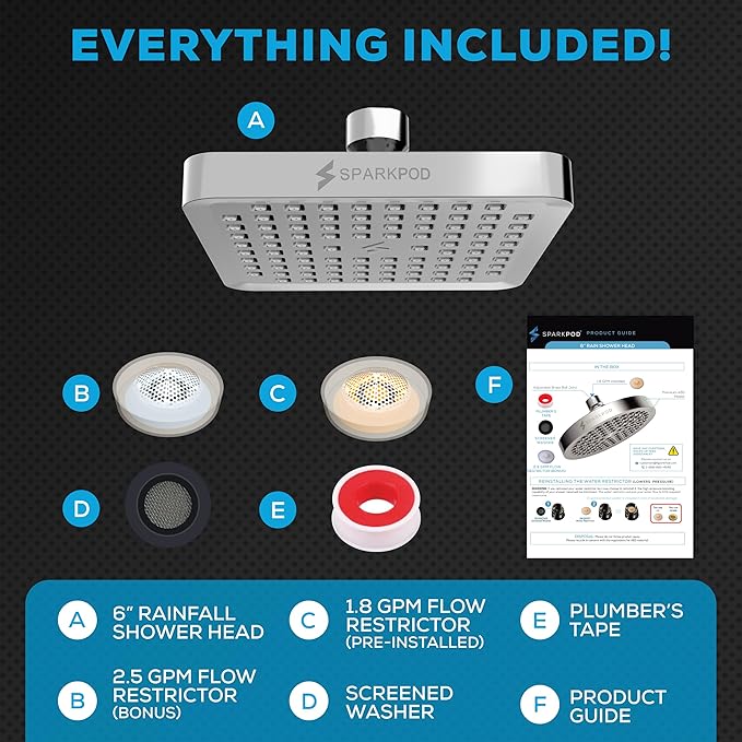 SparkPod Shower Head - High Pressure Rain - Premium Quality Luxury Design - 1-Min Install - Easy Clean Adjustable Replacement for Your Bathroom Shower Heads (Luxury Polished Chrome, 6 Inch Square)