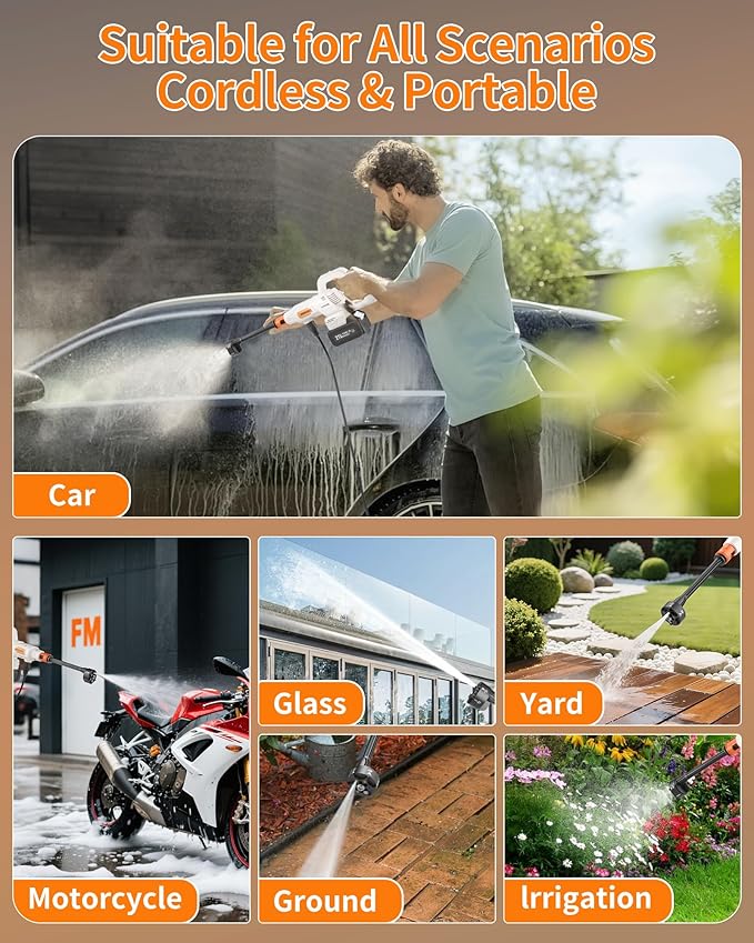 Cordless Pressure Washer Battery Powered; 1200PSI Cordless Power Washer with Brushless Motor, 4.0Ah Battery,6-in-1 Nozzle, 3 Power Level; Handheld Portable Pressure Washer Cordless (5022-1)