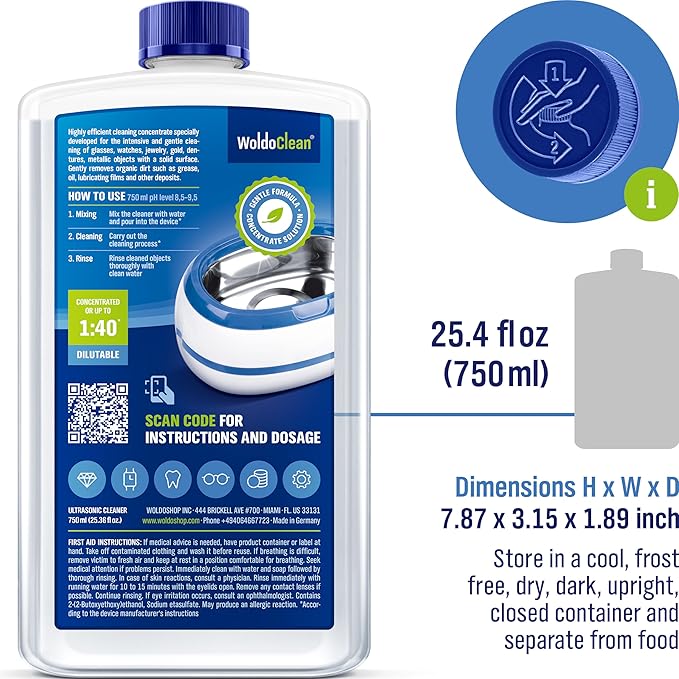 WoldoClean Ultrasonic Cleaner Solution 25.4 Fl Oz - Jewelry Cleaning Liquid for Ultrasonic Machines, Watches, Glasses & Sonic Jewelry Cleaner