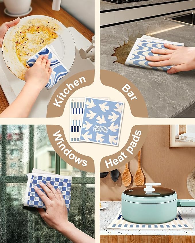 Swedish Dishcloths for Kitchen with Hooks - Reusable Dish Cloths for Washing Dishes Fast Drying Cute Fun 5 Pack Swedish Dish Towels Washable Cleaning Sponge, Blue Geometrical