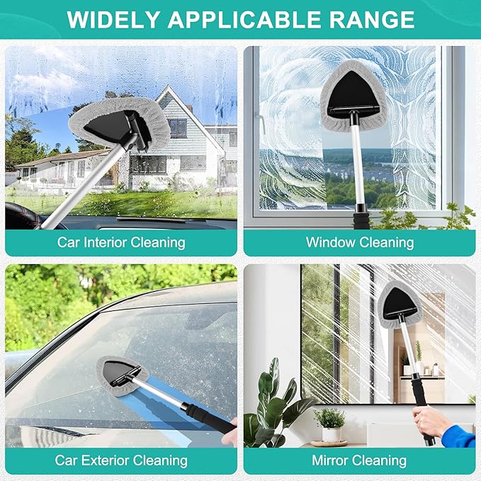 JUSTTOP Windshield Cleaner Tool, Car Interior&Exterior Window Cleaning Tool with Extendable Handle & 4 Reusable Microfiber Pads, Auto Glass Wiper Brush Kit for Cars (Grey)
