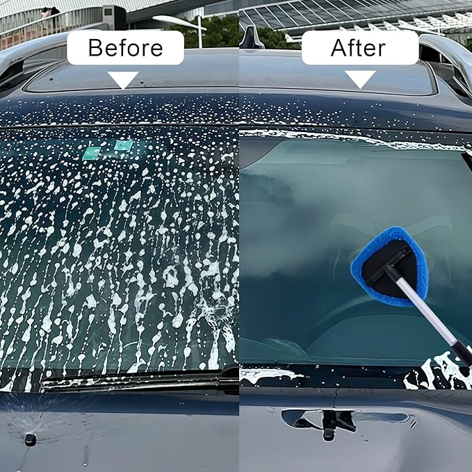 8 PCS Car Windshield Cleaner Tool Kit, Car Window Cleaner Windshield Cleaning Tool with 5 Reusable Microfiber Pads 2 Spray Bottle and Extendable Handle, Auto Glass Wiper Kit Home Windows, Blue