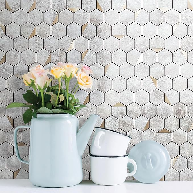 DICOFUN 1 Hexagon Tile Peel and Stick Backsplash, Beige Stone Look PVC Mixed Gold Metal Mosaic Tiles