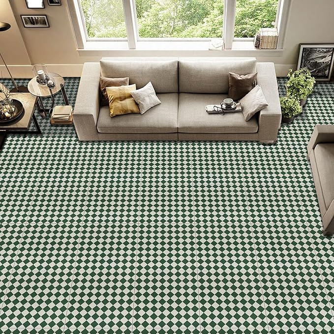 Elffloor Peel and Stick Floor Tile: 10pc 11.8 * 11.8in Self-Adhesive Waterproof Vinyl Flooring Green and White Tiles Sticker for Bathroom, Kitchen, Bedroom, Living Room