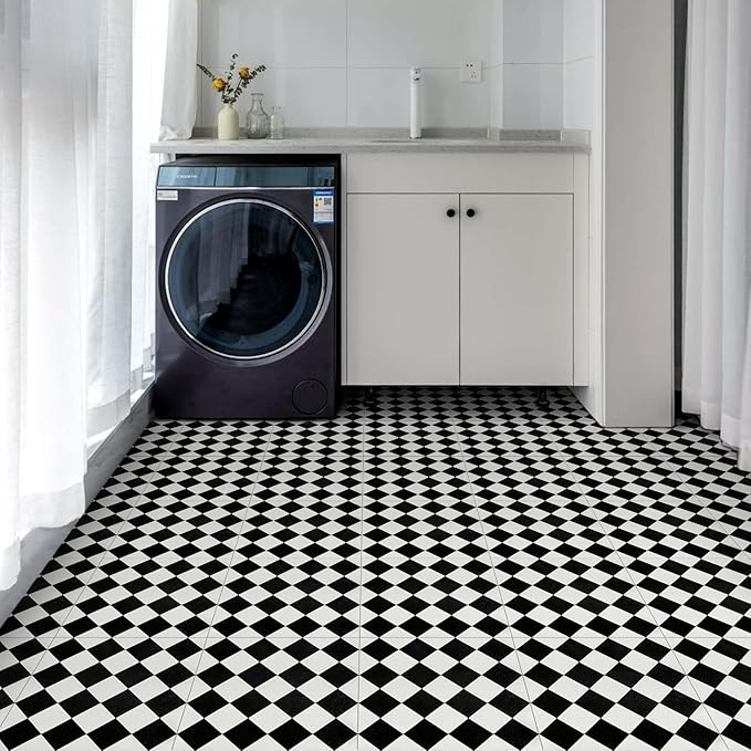 Elffloor Peel and Stick Floor Tile: 10pc 11.8 * 11.8in Self-Adhesive Waterproof Vinyl Flooring Black and White Tiles Sticker for Bathroom, Kitchen, Bedroom, Living Room 