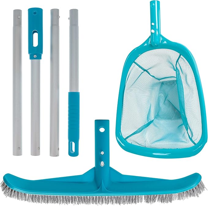 U.S. Pool Supply Pool Maintenance Kit with Leaf Skimmer Net, Brush, and Adjustable Telescopic Pole - 6" Deep Mesh Netting, Nylon Scrub Brush, Clean Sweep Debris from Walls, Floors, Steps, Spas, Ponds