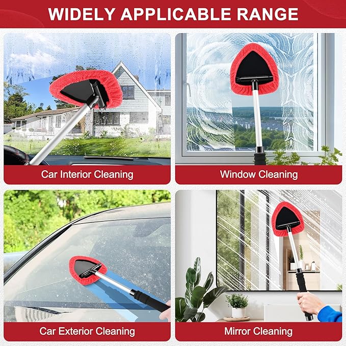 JUSTTOP Windshield Cleaner Tool, Car Interior&Exterior Window Cleaning Tool with Extendable Handle & 4 Reusable Microfiber Pads, Auto Glass Wiper Brush Kit for Cars (Red)