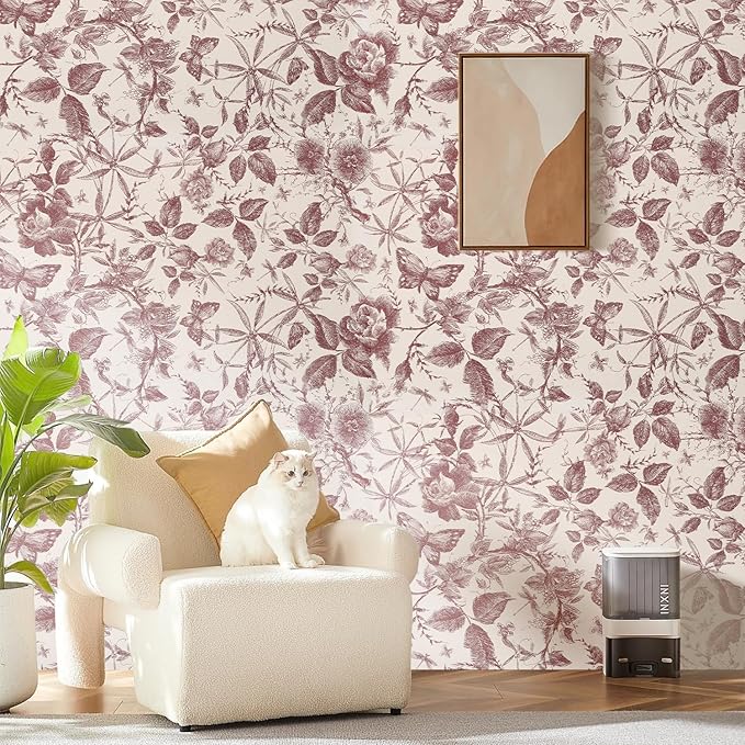 Drawers Liner Contact Paper for Dresser Peel and Stick Wallpaper Sketched Design 15.7x196.8in Self Adhesive Removable Red Maroon Rose Floral Butterfly Vintage Cabinet Shelf Renter Friendly