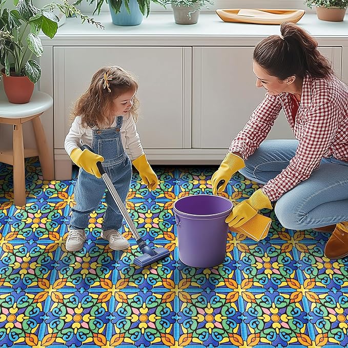 10PCS 12x12 Inch Spanish Mosaic Peel and Stick Floor Tiles Removable Self Adhesive Vinyl Flooring Stickers for Kitchen Balcony Bathroom Patio Decor
