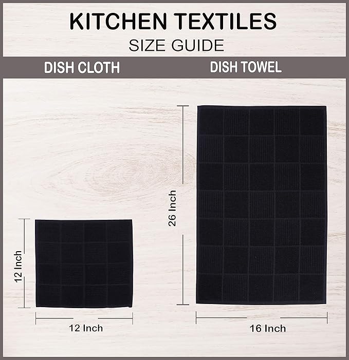 AMOUR INFINI Kitchen Towels Pack of 4 Absorbent, Quick Drying Premium Terry Cotton Dish Towel with Hanging Loop 16x28 Inch Hand & Tea Towels (Black)