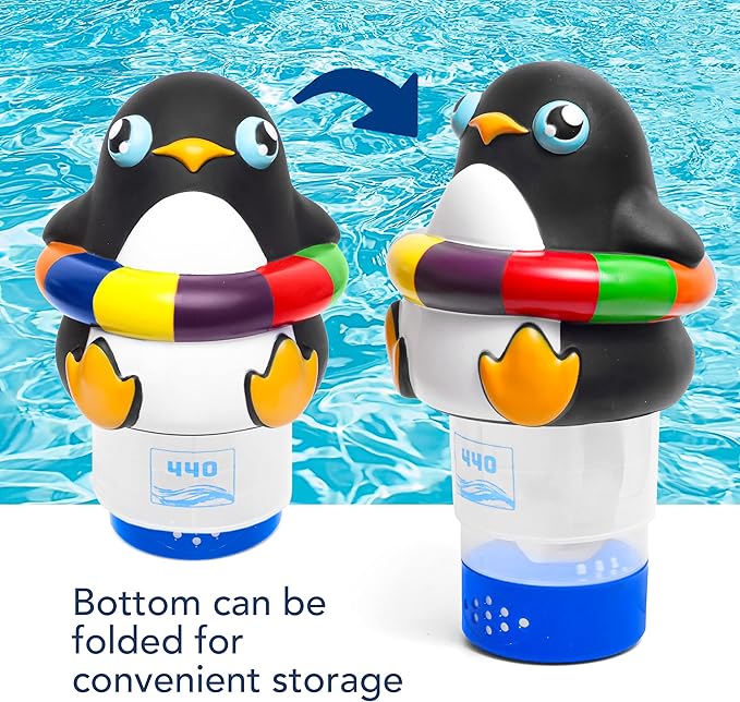440 Pool Chlorine Floater Dispenser, Fits Up to 3 Pieces of 3-Inch Chlorine Tabs, Adjustable Flow, Control, Heavy-Duty Plastic - Suitable for Small & Large Pools - 8 Ounces | Cartoon Penguin