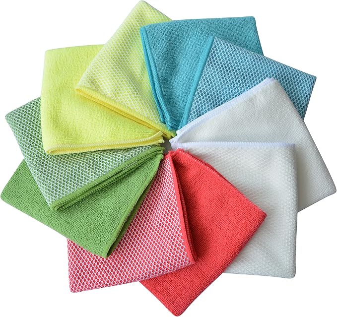 SINLAND Microfiber Dish Cloth for Washing Dishes Towels Rags Best Kitchen Washcloth Cleaning Cloths with Poly Scour Side -Used for Plates, Bowls and Dishes, 5 Color Assorted 12inchx12inch 10pack