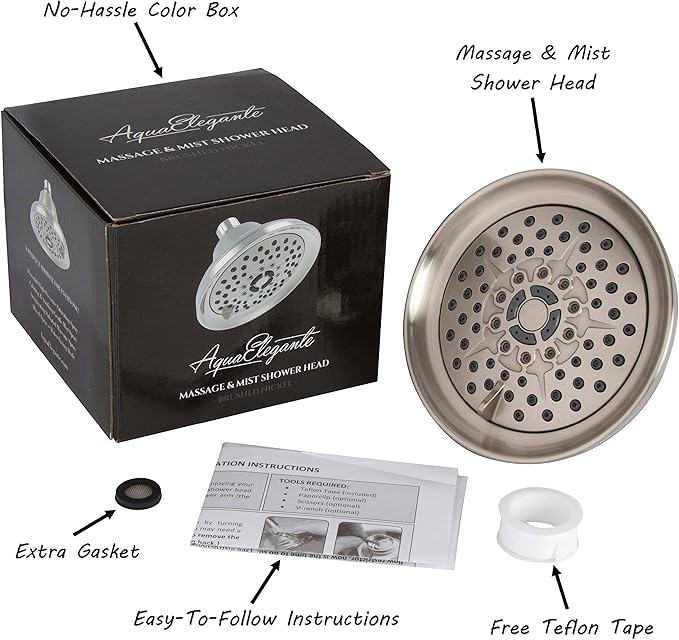 Shower Massage Head With Mist - High Pressure Boosting, Multi-Function, Massager Rainfall Showerhead For Low Flow Showers & Adjustable Water Saving Nozzle, 1.8 GPM - Brushed Nickel