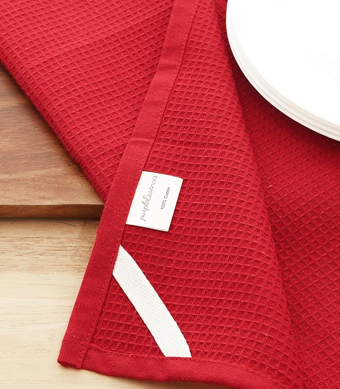 PurpleEssences Waffle Weave Kitchen Towel, 100% Cotton, 15x25 Inches, with Hanging Loop Ultra Soft Absorbent Quick Drying Dish Cloth, Tea and Hand Towels, 4 Pack - Christmas Holiday Winter - Red