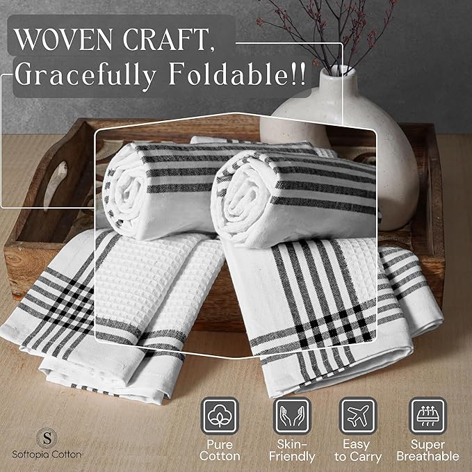 Waffle White & Black 12 Pack Kitchen Dish Towels, 100% Cotton, 16x26 inches, Wash Rags for Drying Dishes, Highly Absorbent, Long Lasting Hand Towels Set for Daily Cooking & Cleaning