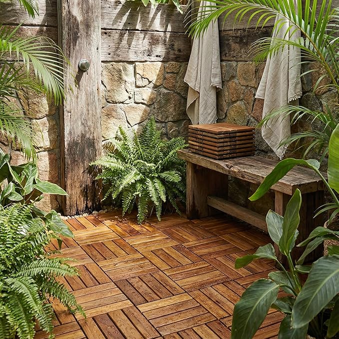Bare Decor BARE-WF2009 Solid Teak Wood Interlocking Flooring Tiles (Pack of 10), 12" x 12", Brown