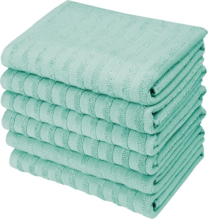Premium Kitchen Towels (20”x 28”, 6 Pack) | Large Cotton Dish Towels 400 GSM | Highly Absorbent Terry Kitchen Linen Set with Hanging Loop | Aqua Solid