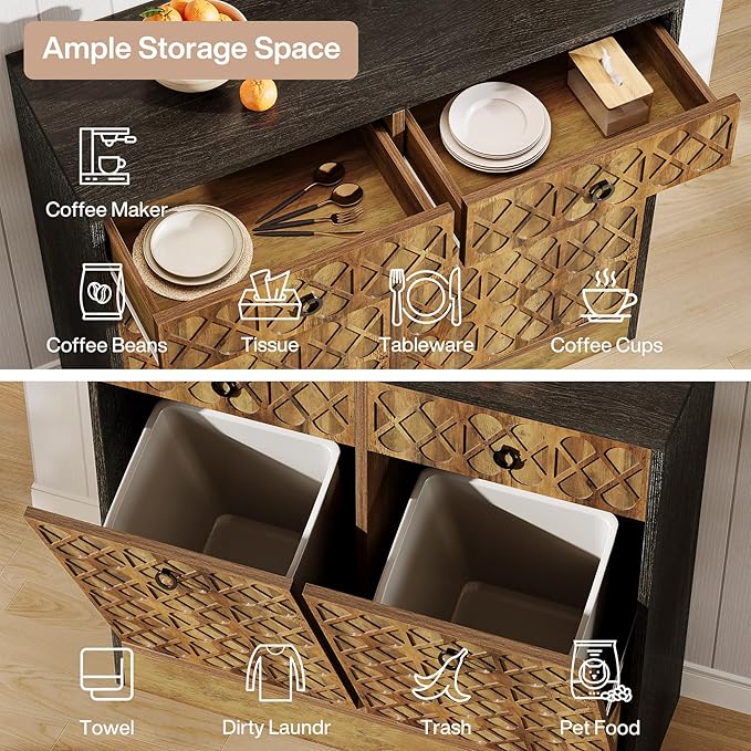 Tribesigns Double Tilt Out Trash Can Cabinet, 20 Gallon Wooden Free Standing Laundry Sorter Cabinet with 2 Drawers, Wooden Hidden Garbage Cabine with Geometric Relief Design for Kitchen, Bathroom