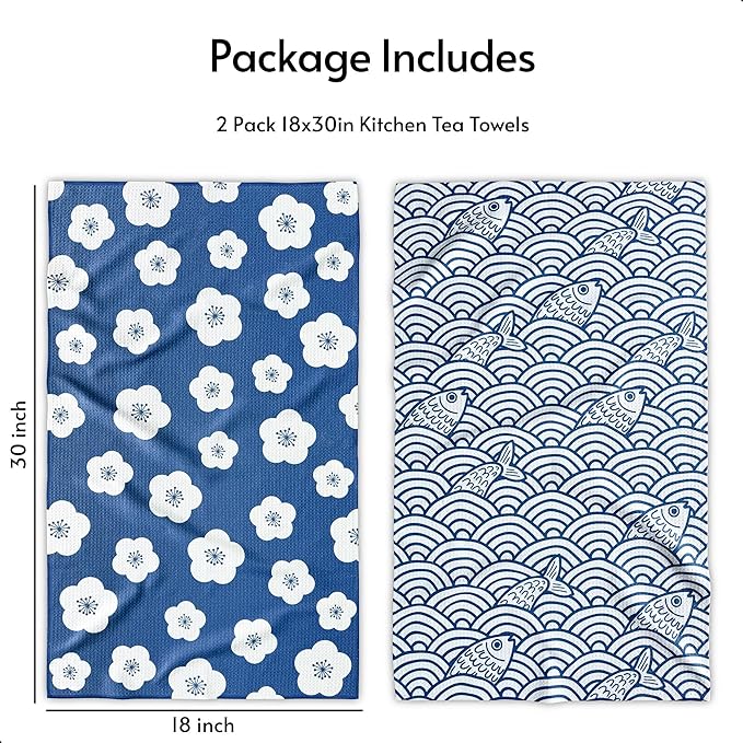 Kitchen Towels, Premium Dish Towels for Kitchen Drying, 18" x 30" Tea Towels, Quick Dry Microfiber Dish Cloths, Ocean Sakura Series, 2-Pack