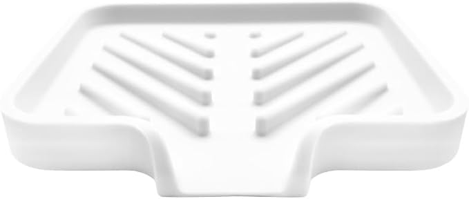 Happitasa Silicone Soap Dish Tray and Sponge Holder with Drain Chute and Feet | 3-Way Sloped Design | Bathroom and Kitchen Sink Organizer Caddy (White, 5"x4")