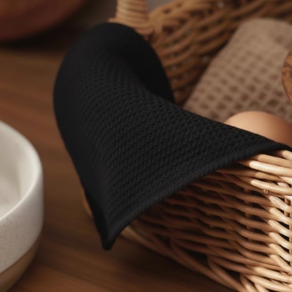 PurpleEssences Dish Cloths and Dish Rags - 8 Pack Waffle Weave Solid Kitchen Dish Wash Cloths, 100% Cotton, 12 x 12 Inches, Ultra Soft Absorbent Quick Drying - Christmas Holiday Winter - Black