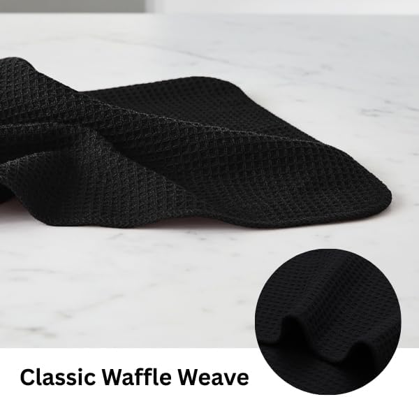 PurpleEssences Dish Cloths and Dish Rags - 8 Pack Waffle Weave Solid Kitchen Dish Wash Cloths, 100% Cotton, 12 x 12 Inches, Ultra Soft Absorbent Quick Drying - Christmas Holiday Winter - Black