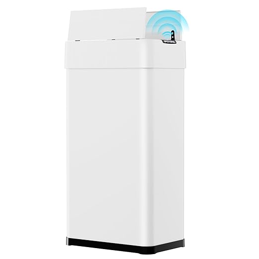 Arlopu 21.1 Gal Automatic Trash Can, 80L Stainless Steel Motion Sensor Garbage Bin, Touchless Brushed Wastebasket, W/Butterfly, Soft-Close Lid, for Living, Dinning Room, Kitchen (White)