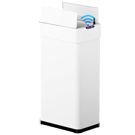 TLSUNNY 18.5 Gallon Automatic Trash Can, Stainless Steel Motion Sensor Garbage bin, Smart Trash Can W/Butterfly Lid, Bag Retainer Ring and Display Light for Living Room,Kitchen,Office (White, 70L)
