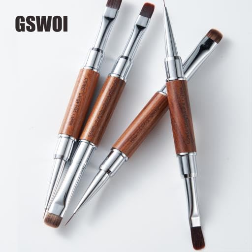 Dual Head Acrylic Nail Brush-French Tip & Square Round with Cleaning Brush for Builder Gel,Polygel & Design-Wood Handle & Metal Caps