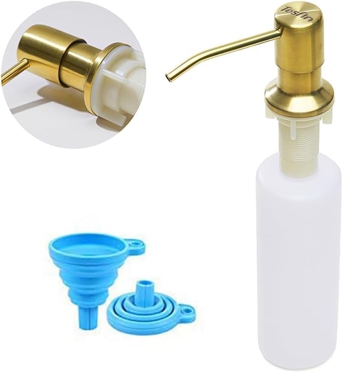 Soap Dispenser for Kitchen Sink (Gold),Built in Design Sink Soap Dispenser, Refill from The Top, Stainless Steel Kitchen Soap Pump with 10 fl.oz Bottle (300ml)
