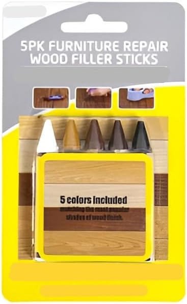 (Pack of 5) Wax Wood Furniture Filler Sticks – Wood Scratch Repair Kit for Floors, Cabinets, Tables & Chairs – 5 Color Blendable Crayons for Quick Touch-Up – Fills Dents, Cracks, and Holes