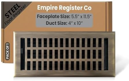 Empire Register Co, Vent Cover - 4x10 inch, Modern Contemporary Design, Antique Brass Finish, Heavy Duty Floor Vent Covers, Metal Damper Attached. Vent Covers for Home Floor only.