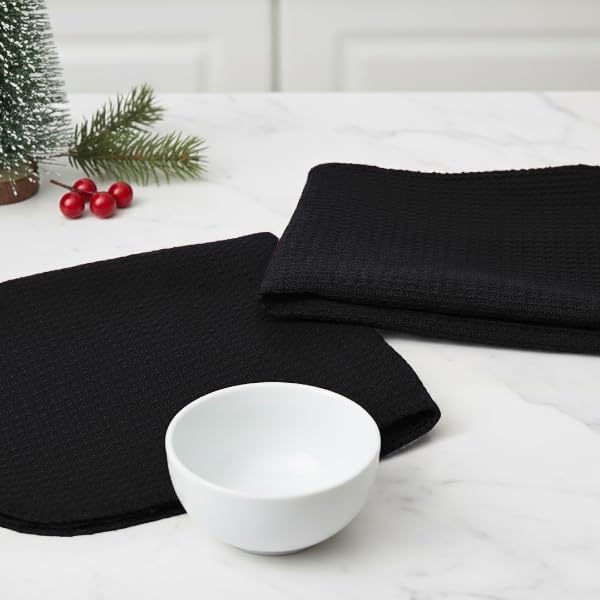 PurpleEssences Dish Cloths and Dish Rags - 6 Pack Waffle Weave Solid Kitchen Dish Wash Cloths, 100% Cotton, 12 x 12 Inches, Ultra Soft Absorbent Quick Drying - Christmas Holiday Winter - Black